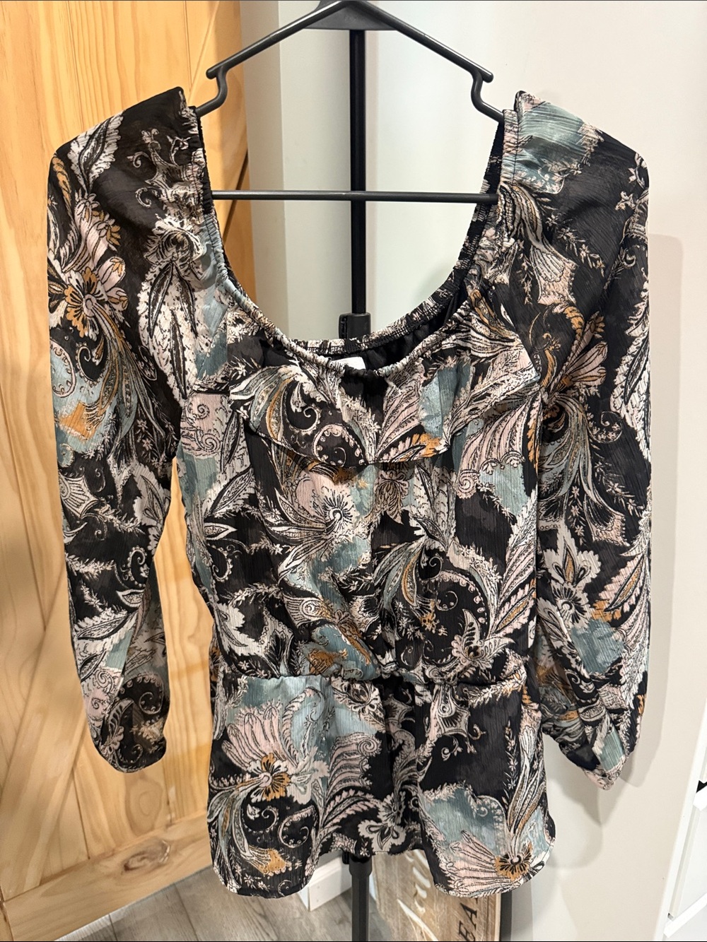 Womens Black Paisley Scoop Neck with Teal & Beige Accents
